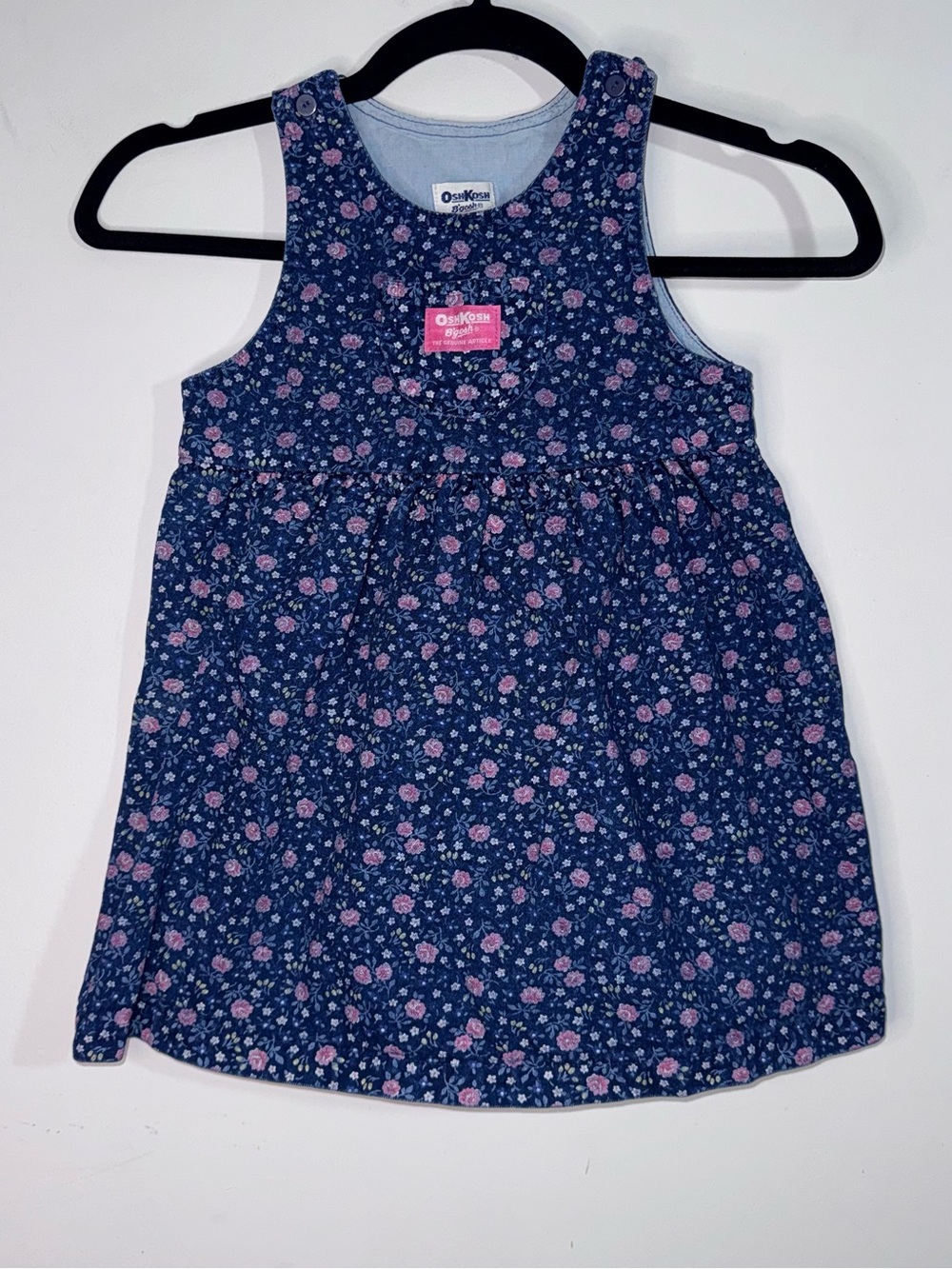 Vintage OshKosh B’gosh Girls Floral Denim Jumper Dress Blue Pink Size 4 USA